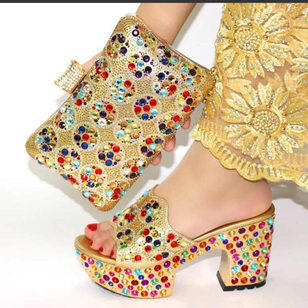 Glamourous Rhinestoned Gold Platform Mules Heels w/ matching bag
